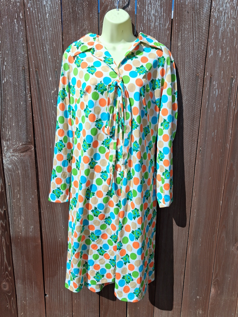 Vintage Long-Sleeve Polka Dot Floral Dress - Green, Blue & Orange